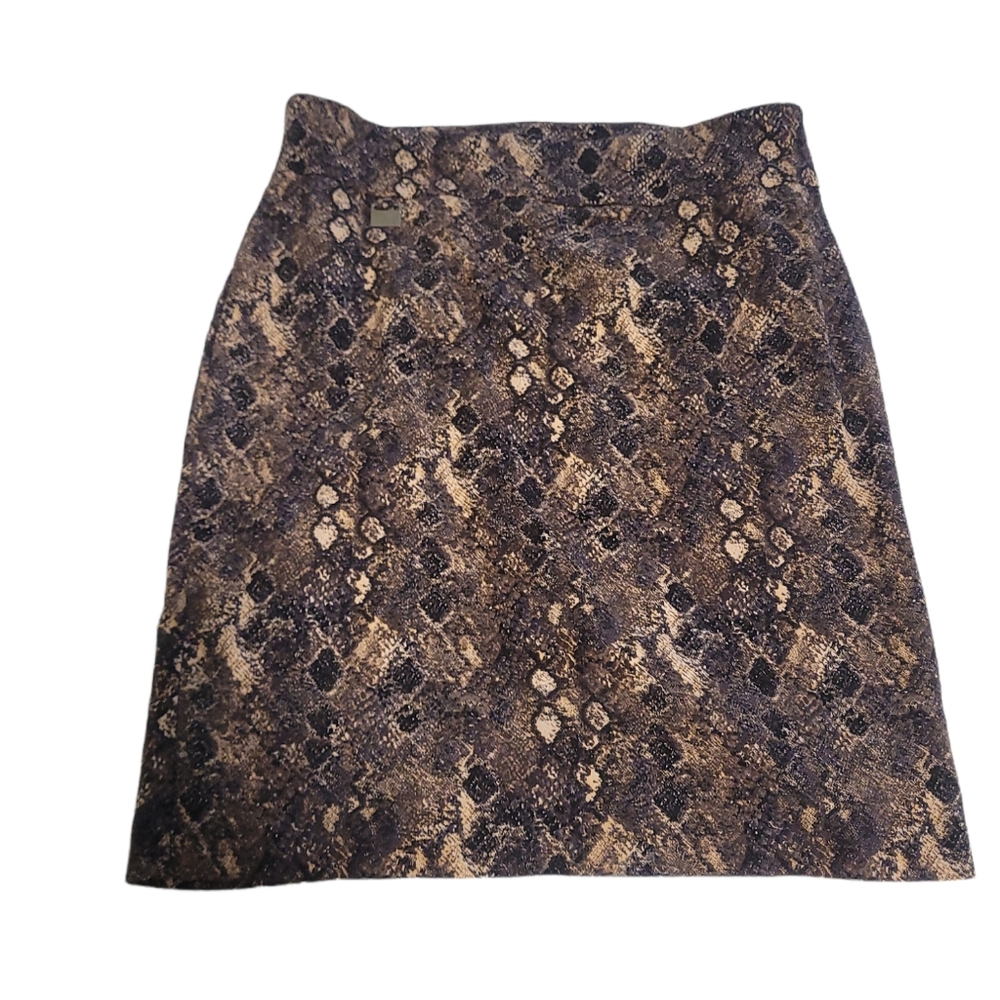 Alex & Olivia brown, black, and beige reptile print skirt.